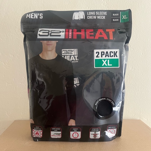 32 DEGREES Men's Heat Long Sleeve Crew Neck Tee Shirt 2-Pack BLACK - Picture 2 of 3
